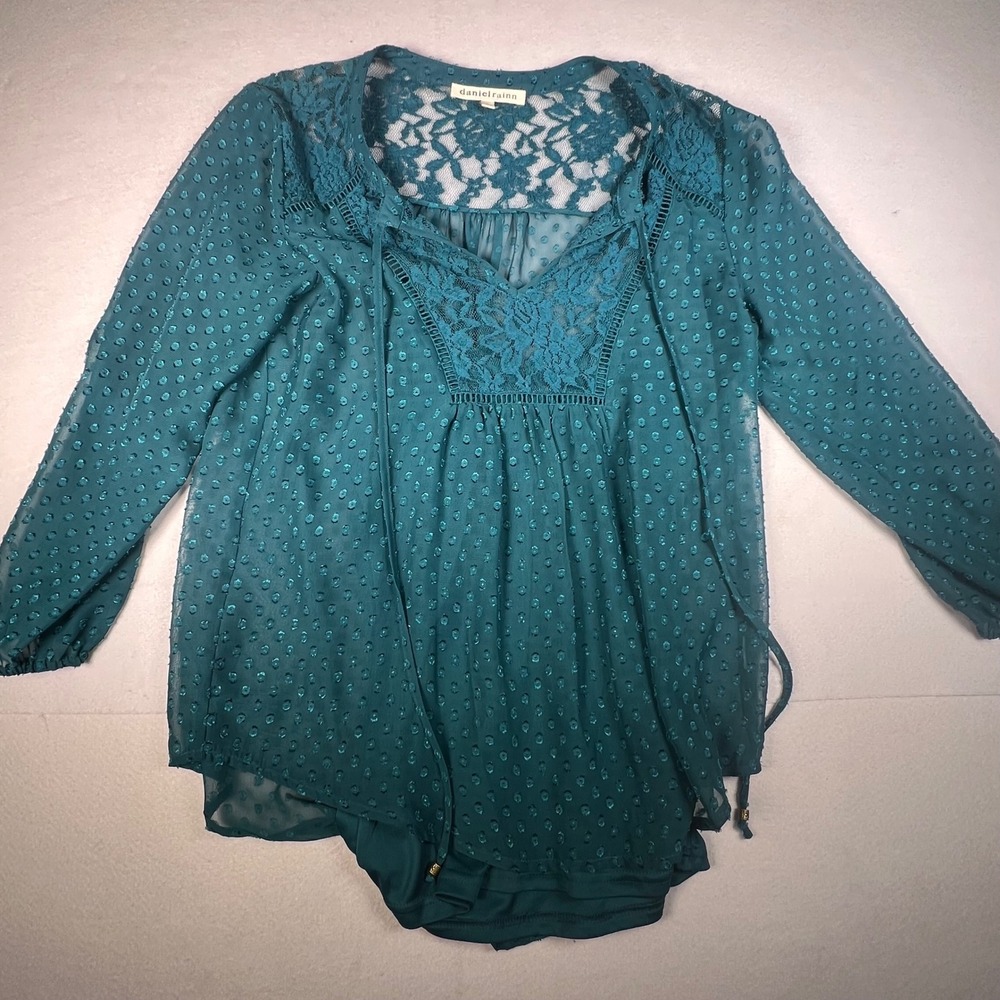 Daniel Rainn Teal Swiss Dot Lace Trim Blouse with Camisole Small